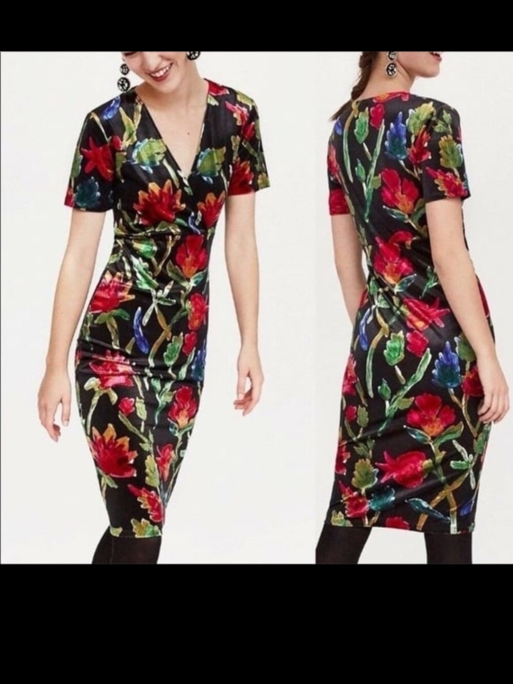 Zara Trafluc Vintage Black Velvet Floral Wrap Midi Dress with Multicolor Blooms